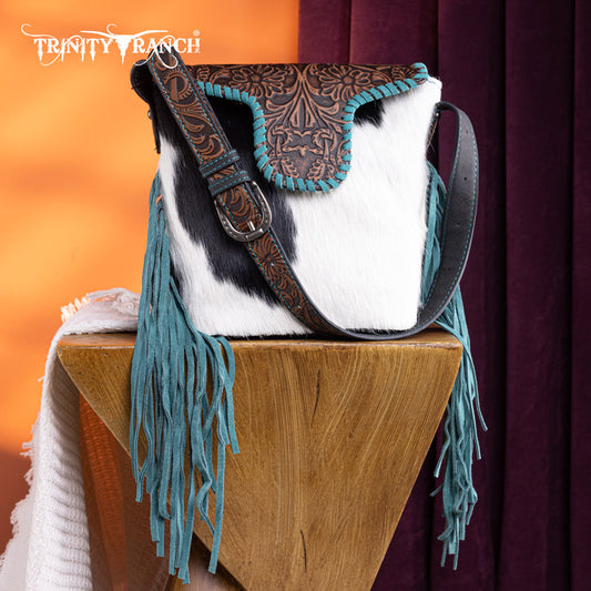 Trinity Ranch Genuine Hair-On Cowhide Tooled Fringe Shoulder Bag