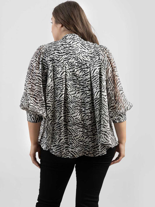 Plus Size Women Zebra Print Oversized 3/4 Sleeve Round Neck With Knot Blouse