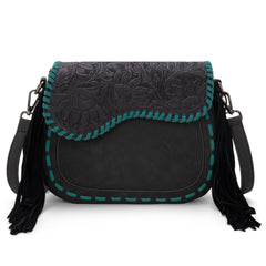 MW1274-8360 Montana West Tooled Saddle Fringe Crossbody - Black