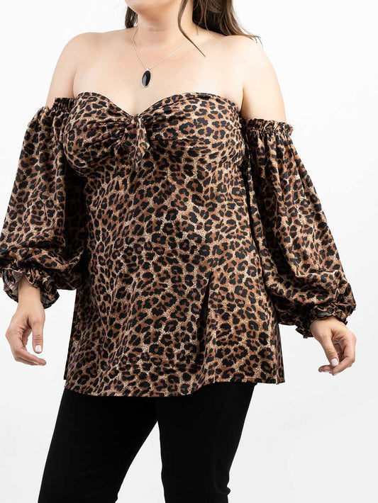 Plus Size Women Leopard Print With Knot Off-Shoulder Sleeve Top