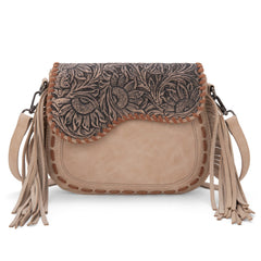 MW1274-8360 Montana West Tooled Saddle Fringe Crossbody - Tan