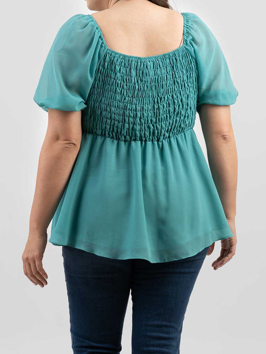 Plus Size Women Pearl Chiffon Ruched Tiered Short Puff Sleeve Top