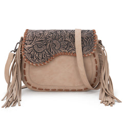 MW1274-8360 Montana West Tooled Saddle Fringe Crossbody - Tan