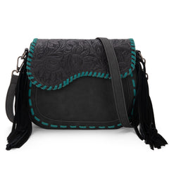 MW1274-8360 Montana West Tooled Saddle Fringe Crossbody - Black