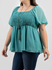 Plus Size Women Pearl Chiffon Ruched Tiered Short Puff Sleeve Top