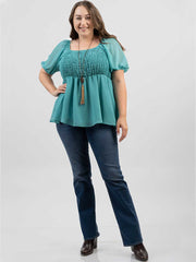 Plus Size Women Pearl Chiffon Ruched Tiered Short Puff Sleeve Top