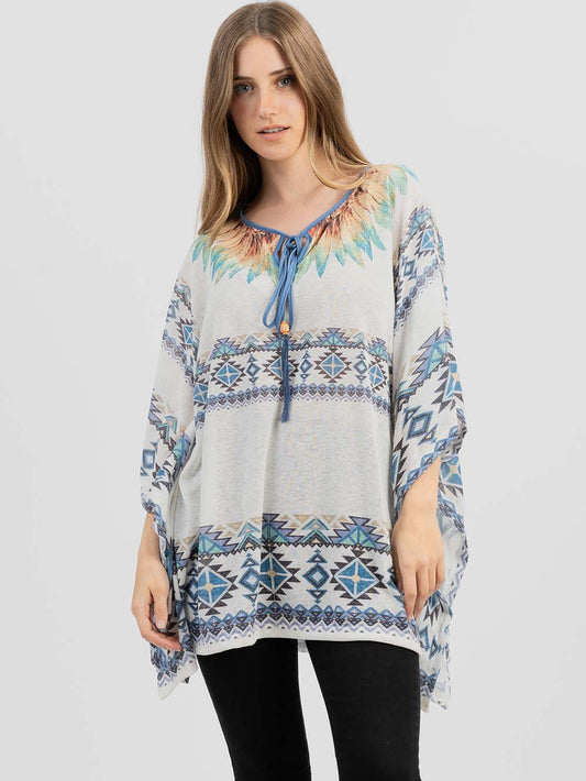 Women's Mineral Wash Aztec Feather Graphic Drop-shoulder Relaxed ¾ Sleeve Tee