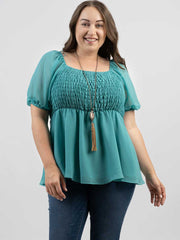 Plus Size Women Pearl Chiffon Ruched Tiered Short Puff Sleeve Top