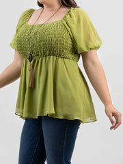 Plus Size Women Pearl Chiffon Ruched Tiered Short Puff Sleeve Top