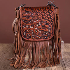 Montana West Genuine Leather Tooled Collection Fringe Crossbody