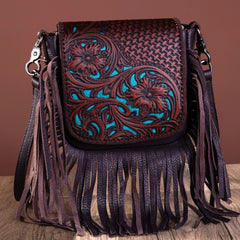 Montana West Genuine Leather Tooled Collection Fringe Crossbody