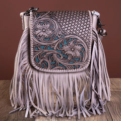 Montana West Genuine Leather Tooled Collection Fringe Crossbody