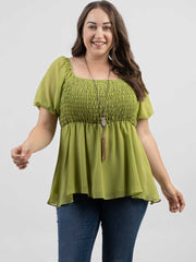 Plus Size Women Pearl Chiffon Ruched Tiered Short Puff Sleeve Top