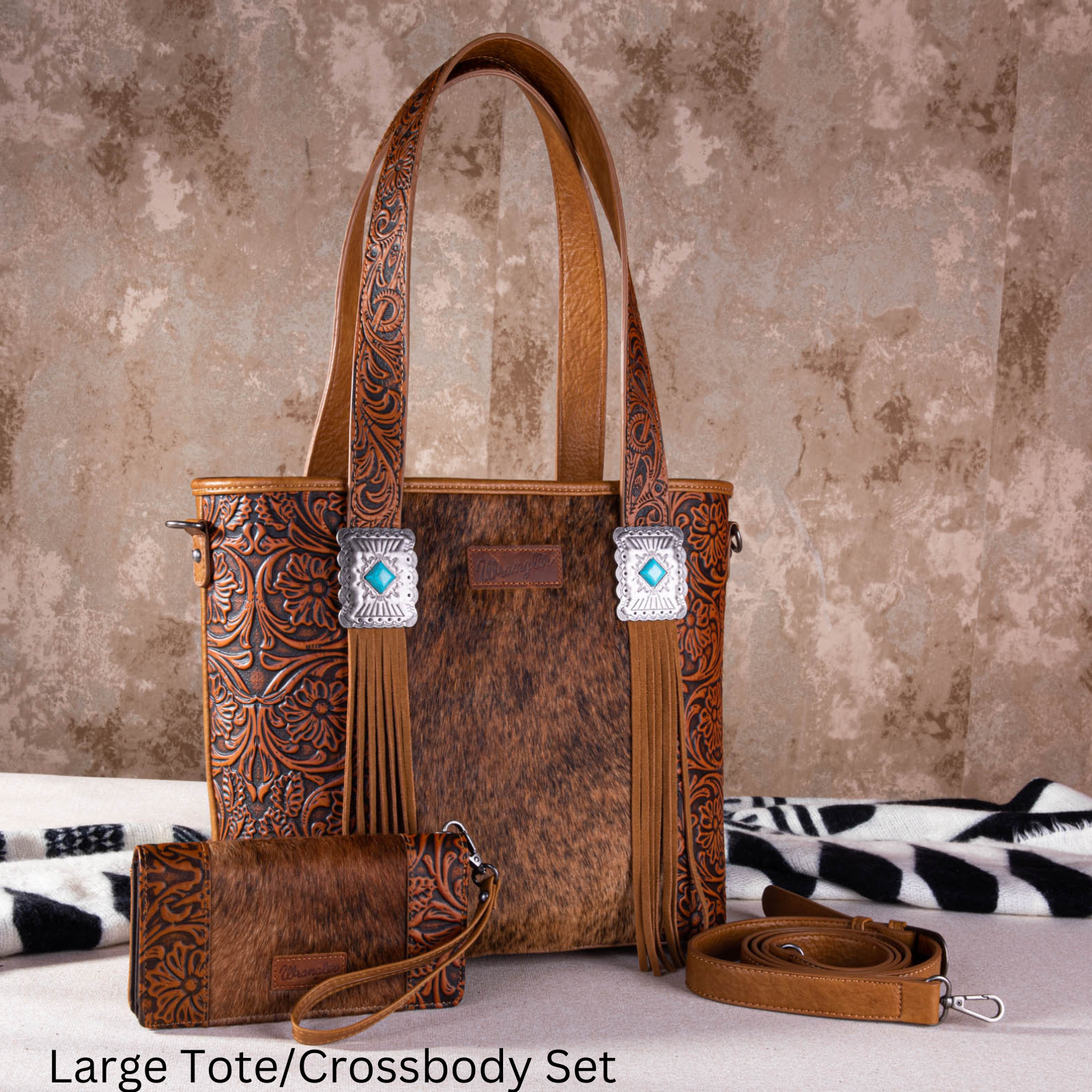 Cowhide Crossbody Phone Purse with Tooled Leather Tan - Avery | Deluxe Decor
