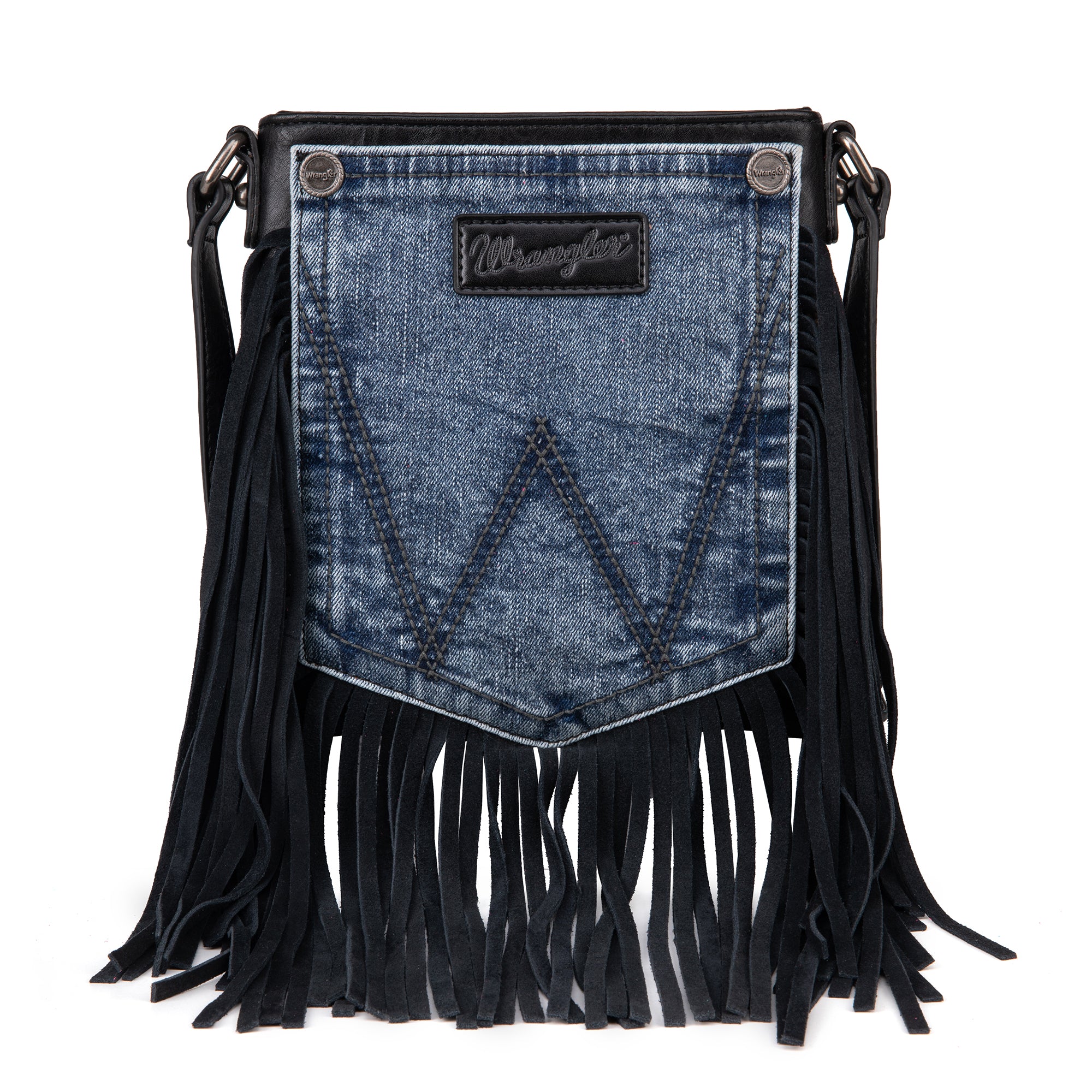 Wrangler Leather Fringe Jean Denim Pocket Crossbody - Cowgirl Wear