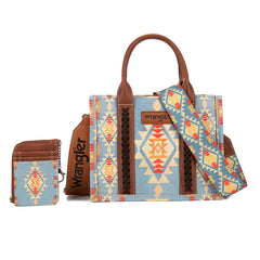 Wrangler Aztec Small Tote/Crossbody and Card Case Set 2Pc- Brown