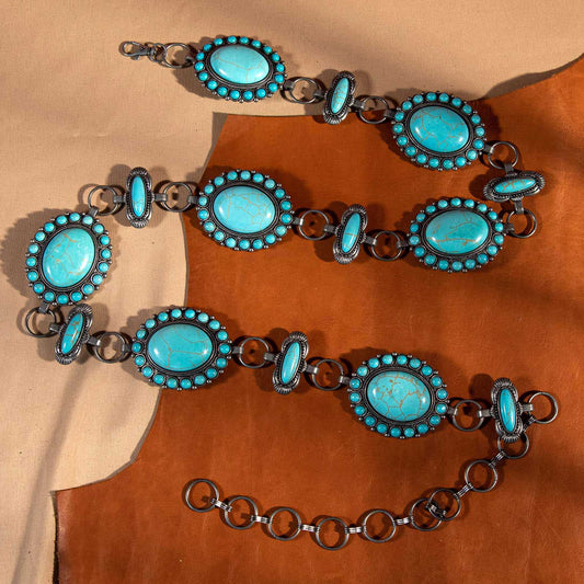 Rustic Couture  Western oval Stone Concho Link Chain Belt