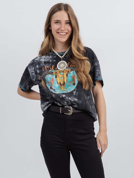 Women's Tie Dye "Wild Cow" Graphic Short Sleeve Relaxed Fit Tee