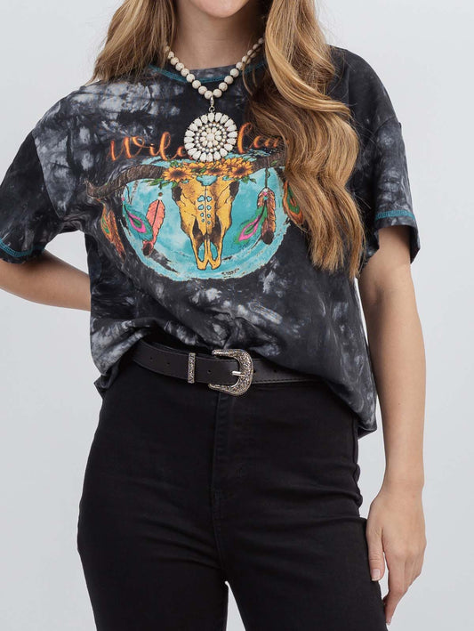 Women's Tie Dye "Wild Cow" Graphic Short Sleeve Relaxed Fit Tee