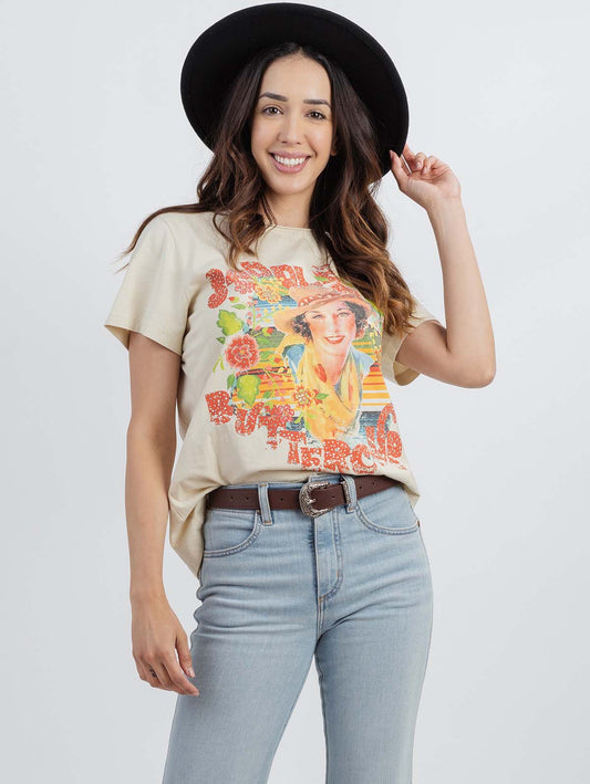 Women‘s Mineral Wash "Saddle Up Buttercup" Portrait Graphic Short Sleeve Tee