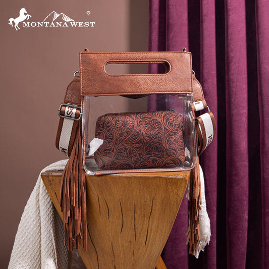 Montana West Top Handle Clear Fringe Crossbody Set