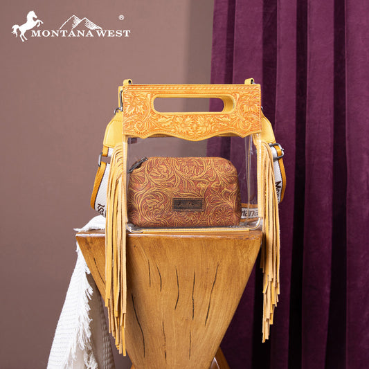 Montana West Top Handle Clear Fringe Crossbody Set
