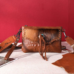 Montana West Hair-On Cowhide Croc Embossed  Clutch/Crossbody