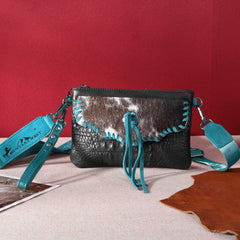 Montana West Hair-On Cowhide Croc Embossed  Clutch/Crossbody