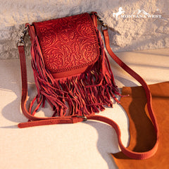 Montana West Genuine Leather Tooled Fringe Crossbody