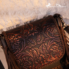 Montana West Genuine Leather Tooled Fringe Crossbody