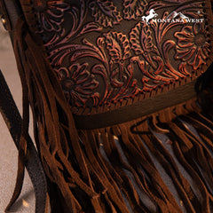 Montana West Genuine Leather Tooled Fringe Crossbody