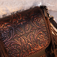 Montana West Genuine Leather Tooled Fringe Crossbody