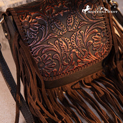 Montana West Genuine Leather Tooled Fringe Crossbody