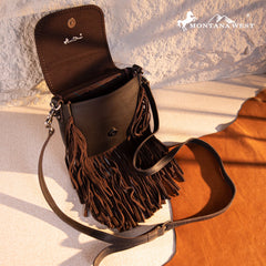 Montana West Genuine Leather Tooled Fringe Crossbody