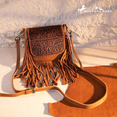 Montana West Genuine Leather Tooled Fringe Crossbody