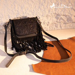 Montana West Genuine Leather Tooled Fringe Crossbody