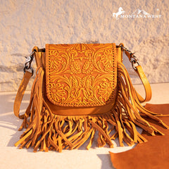 Montana West Genuine Leather Tooled Fringe Crossbody