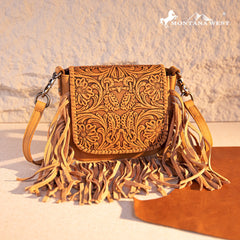 Montana West Genuine Leather Tooled Fringe Crossbody