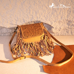 Montana West Genuine Leather Tooled Fringe Crossbody