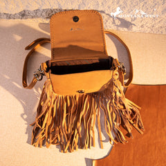 Montana West Genuine Leather Tooled Fringe Crossbody