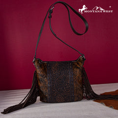 Montana West Hair-On Cowhide/Tooled Fringe Concealed Carry Crossbody Bag