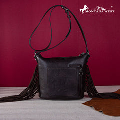 Montana West Hair-On Cowhide/Tooled Fringe Concealed Carry Crossbody Bag