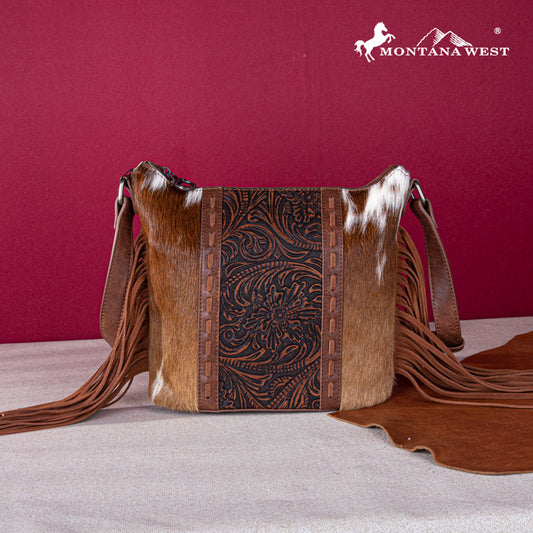 Montana West Hair-On Cowhide/Tooled Fringe Concealed Carry Crossbody Bag