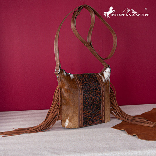 Montana West Hair-On Cowhide/Tooled Fringe Concealed Carry Crossbody Bag