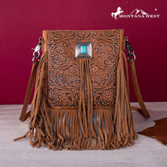 Montana West Genuine Leather Tooled Silver Turquoise Concho Fringe Crossbody