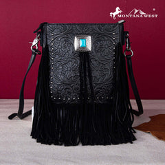 Montana West Genuine Leather Tooled Silver Turquoise Concho Fringe Crossbody