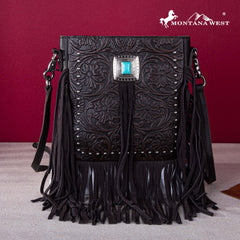 Montana West Genuine Leather Tooled Silver Turquoise Concho Fringe Crossbody