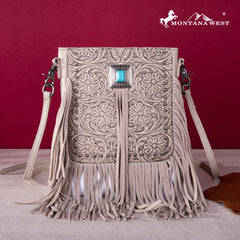 Montana West Genuine Leather Tooled Silver Turquoise Concho Fringe Crossbody