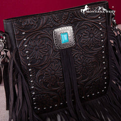 Montana West Genuine Leather Tooled Silver Turquoise Concho Fringe Crossbody