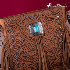 Montana West Genuine Leather Tooled Silver Turquoise Concho Fringe Crossbody